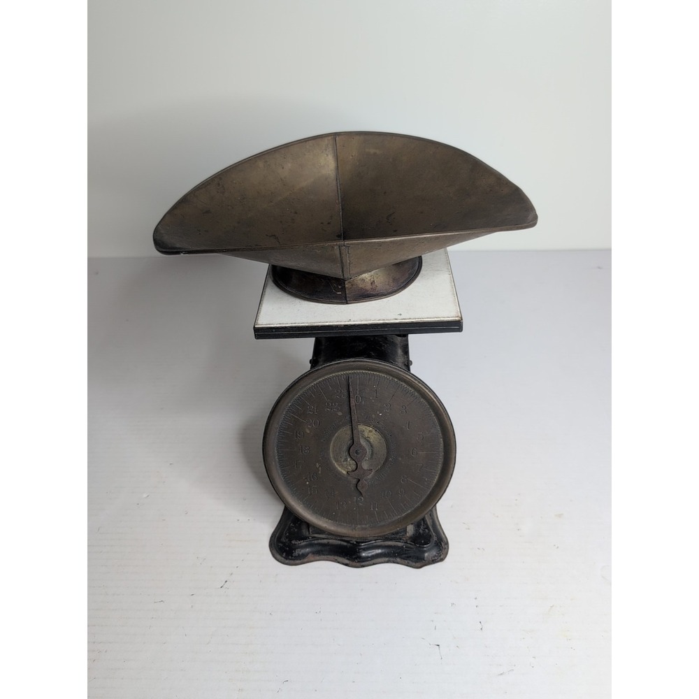 Antique Vtg 1906 Slanting Dial 24 Lb Balance Scale with Ceramic Top Brass Basket